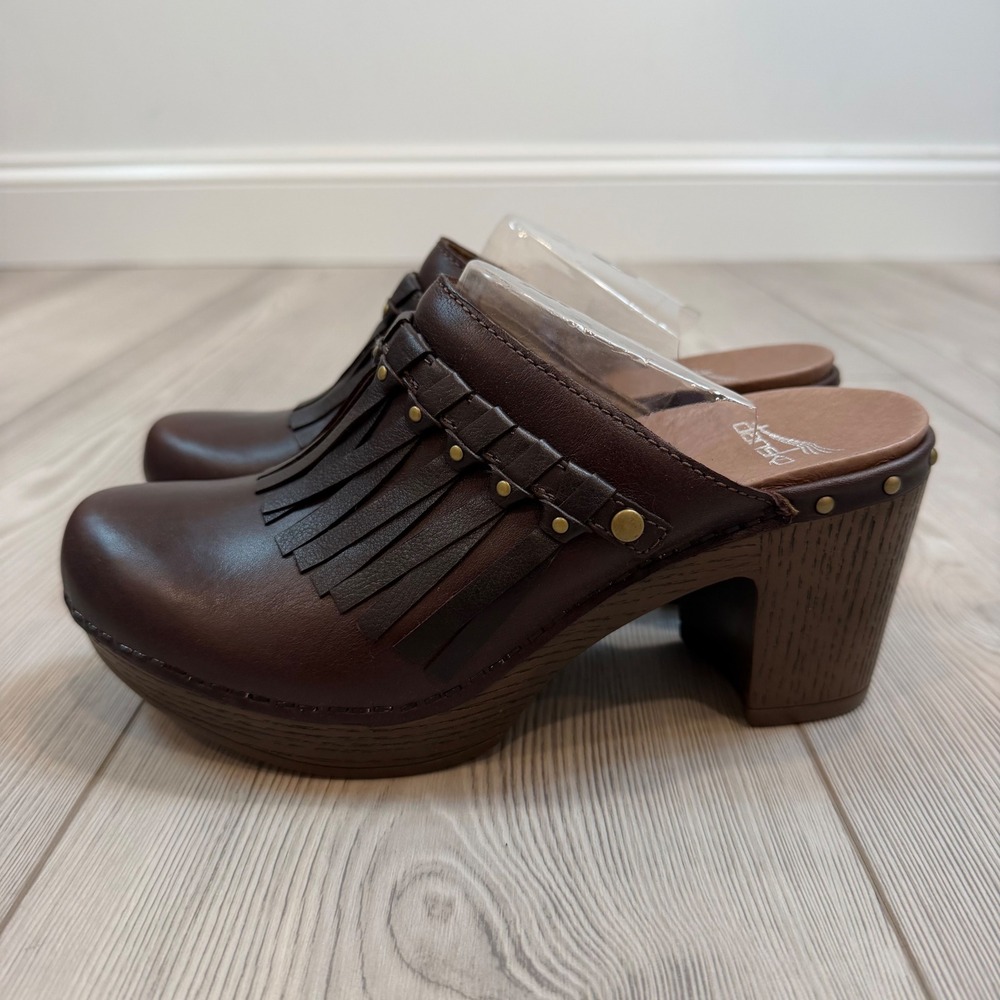 NEW Dansko Deni Full Grain Chocolate Leather Fringe Kiltie Clog Mules 37 US‎ 7